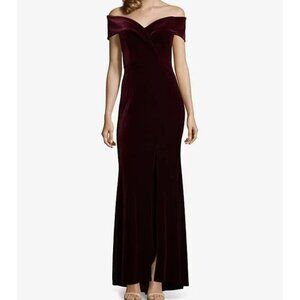 XSCAPE Burgundy Stretch Velvet Bardot Sweetheart Neck Formal Maxi Dress Size 14